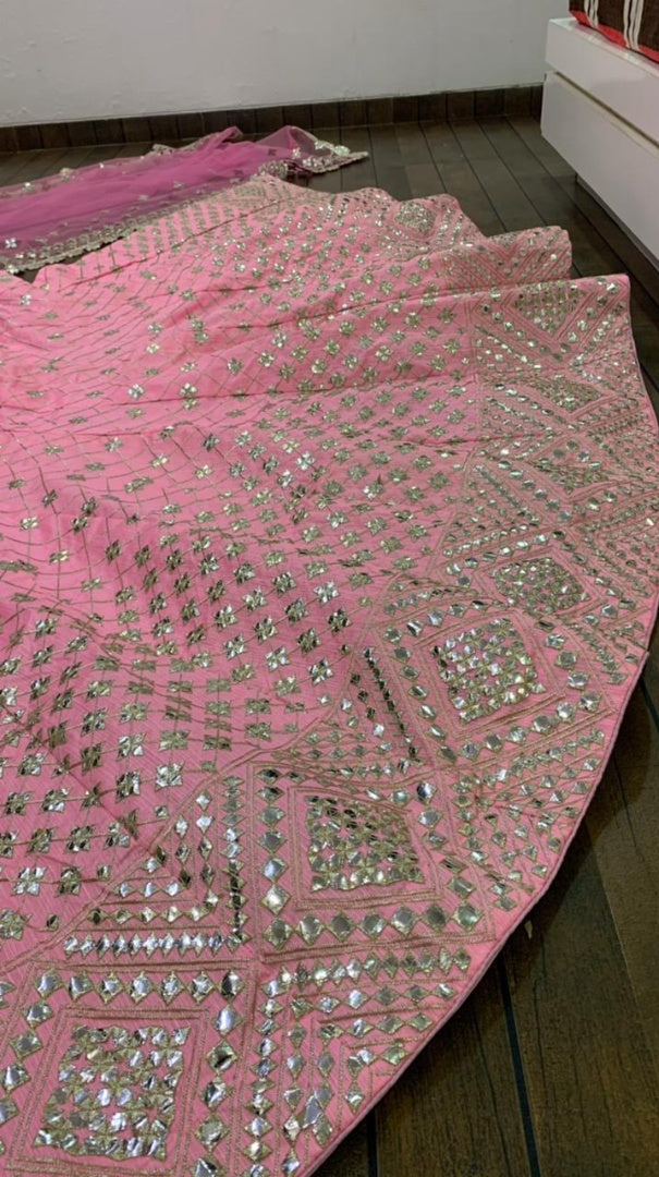Baby pink mulberry silk paper mirror work wedding lehenga choli
