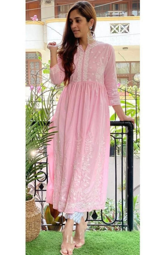 Baby pink muslin cotton embroidered with moti work plazzo suit