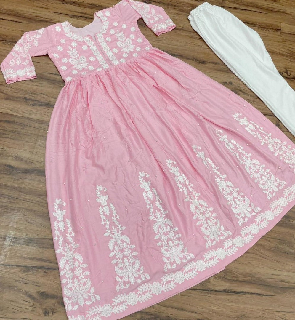 Baby pink muslin cotton embroidered with moti work plazzo suit