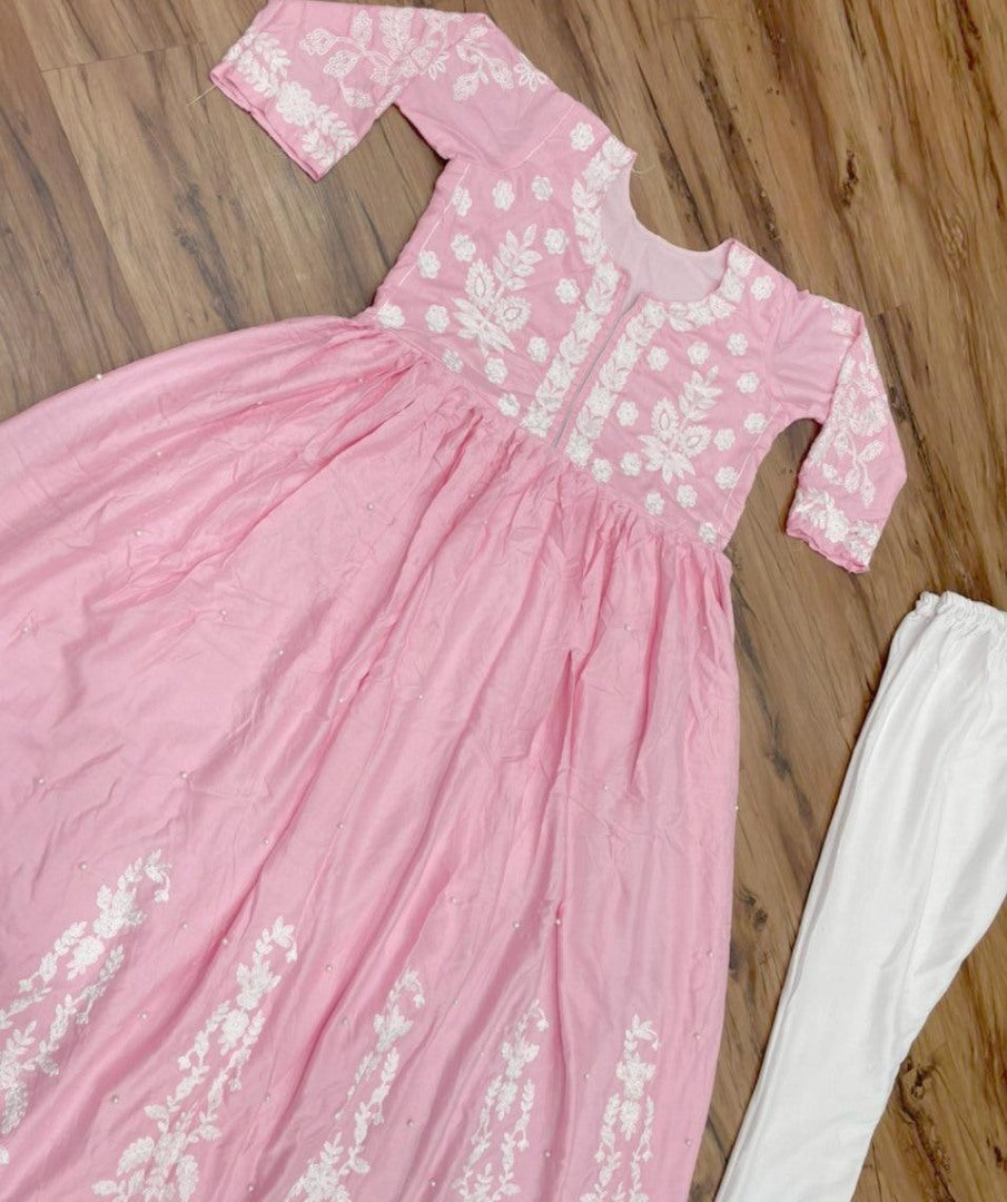 Baby pink muslin cotton embroidered with moti work plazzo suit