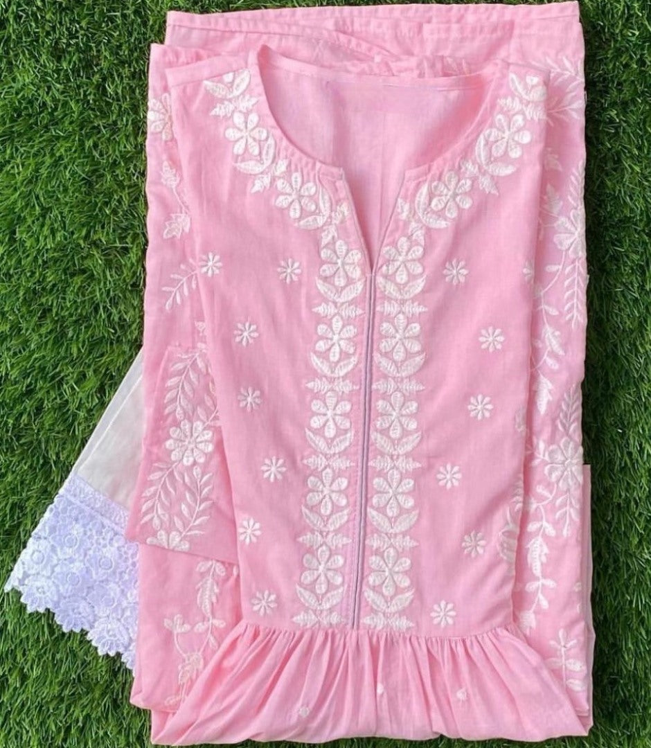 Baby pink muslin cotton embroidered with moti work plazzo suit