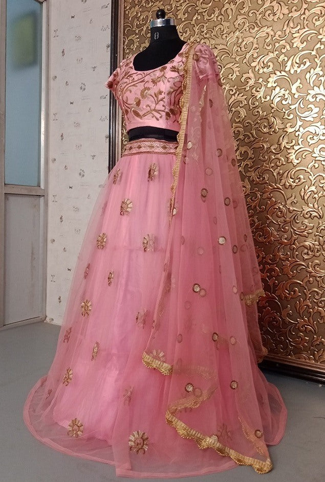 Baby pink net embroidered lehenga choli