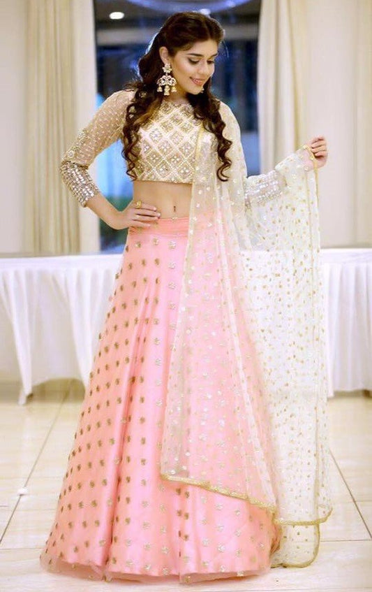 Baby pink net embroidered wedding ceremony lehenga choli