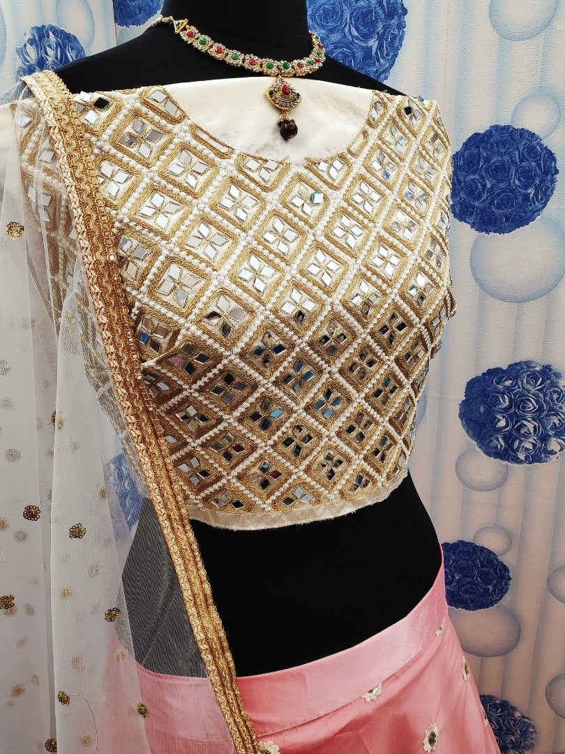 Baby pink net embroidered wedding ceremony lehenga choli
