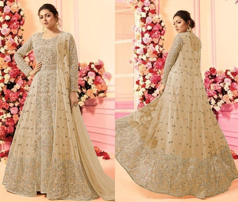 Baby pink net heavy embroidered wedding gown