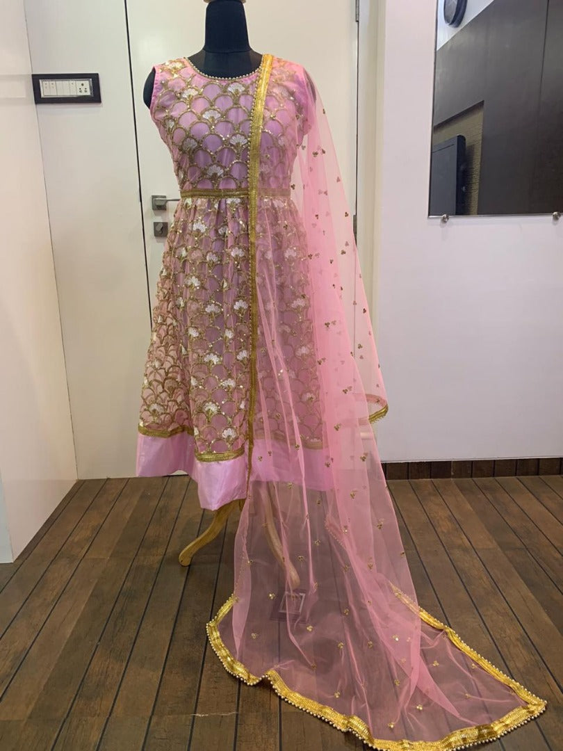 Baby pink net heavy sequence and thread worked anarkali suit