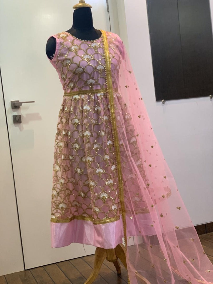 Baby pink net heavy sequence and thread worked anarkali suit
