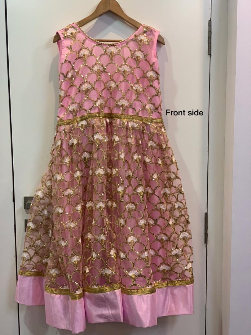 Baby pink net heavy sequence and thread worked anarkali suit
