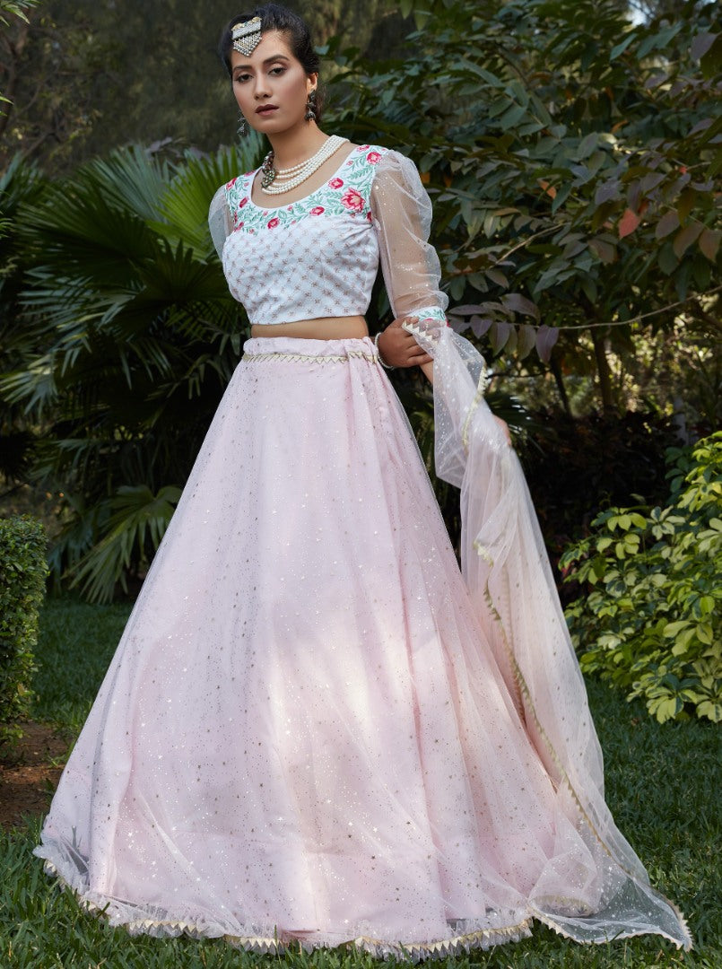 Baby pink net metallic foil printed thread embroidered lehenga choli