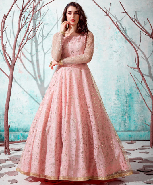 Baby pink net metallic foil work party wear designer gown