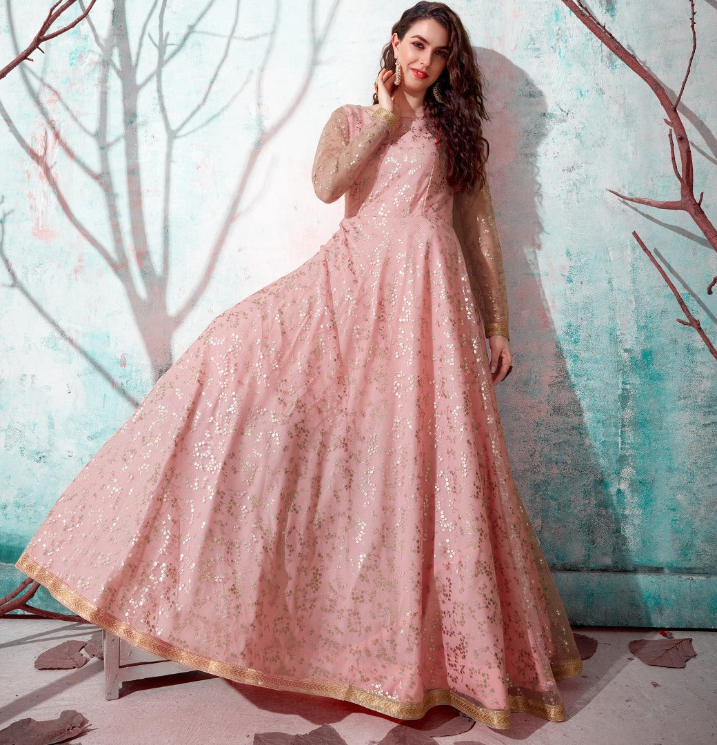 Baby pink net metallic foil work party wear designer gown
