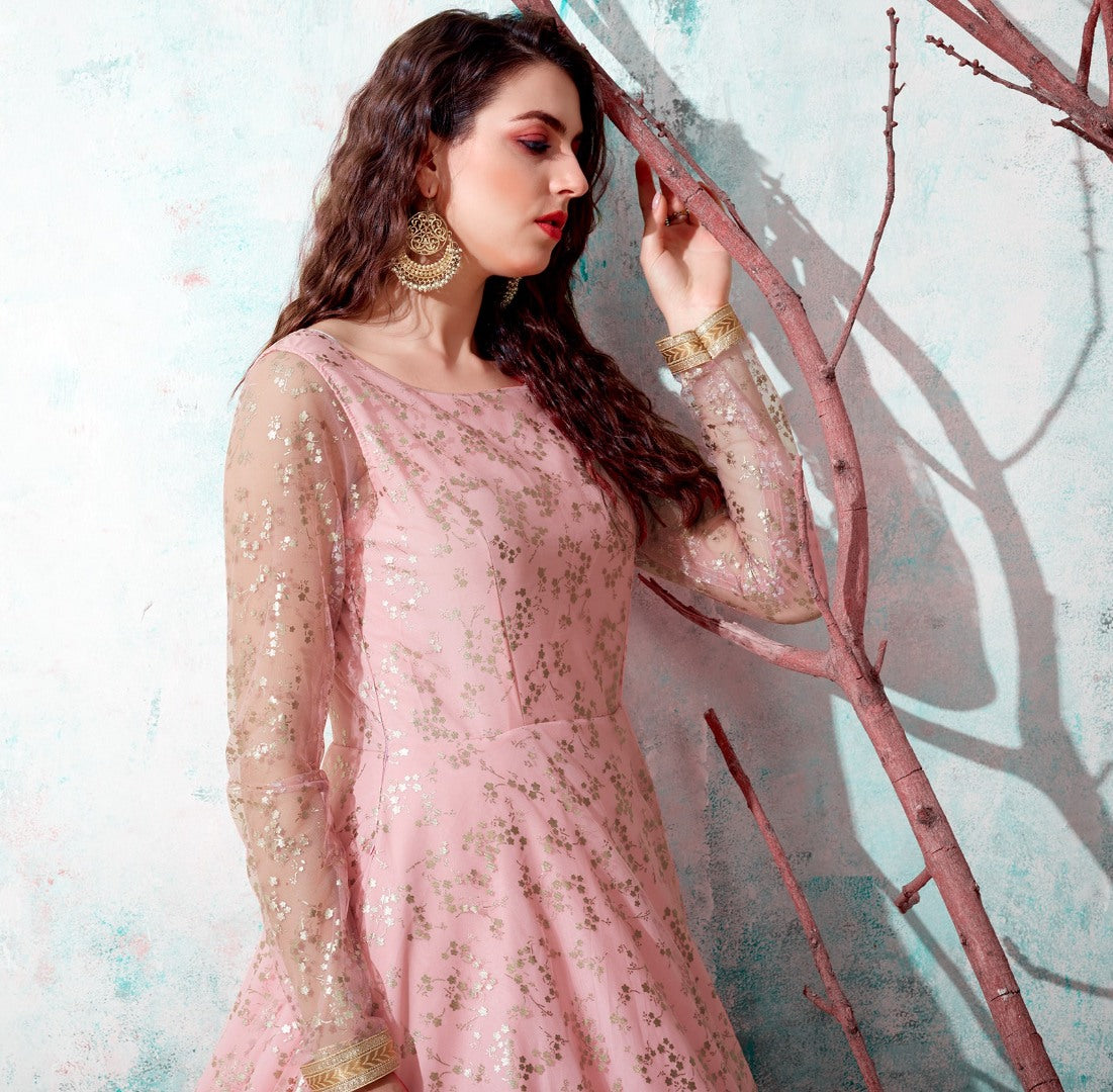 Baby pink net metallic foil work party wear designer gown
