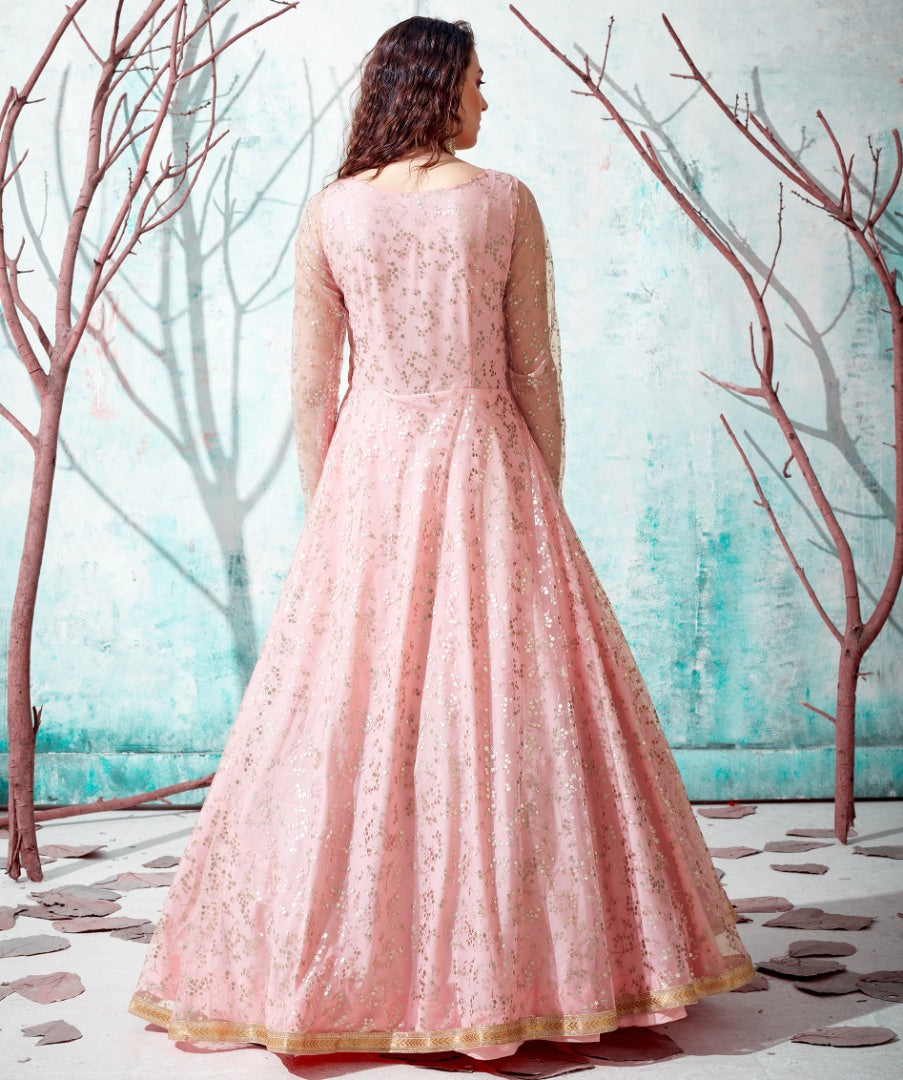 Baby pink net metallic foil work party wear designer gown