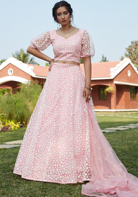 Baby pink net pigment foil work party wear lehenga choli