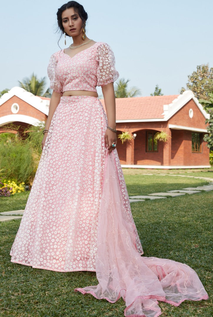Baby pink net pigment foil work party wear lehenga choli