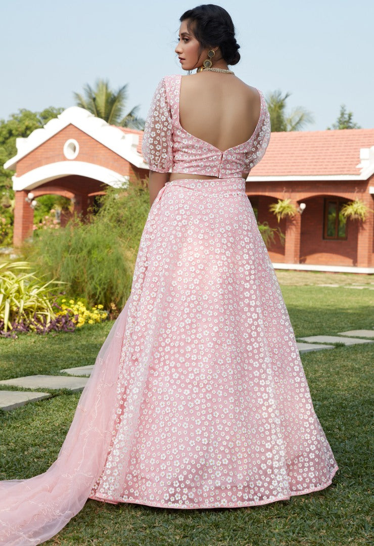 Baby pink net pigment foil work party wear lehenga choli
