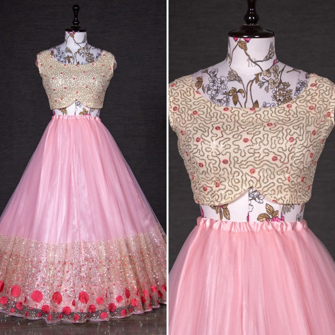 Baby pink net sequins embroidered work girlish lehenga choli