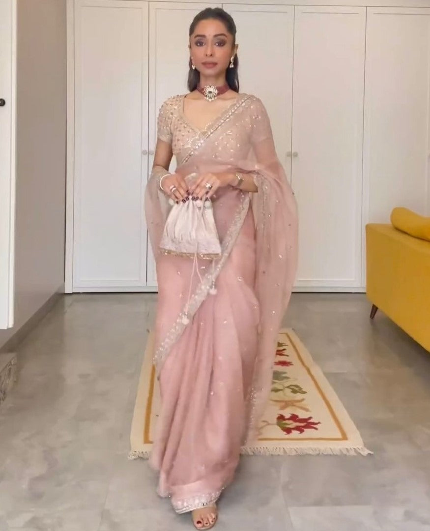 Baby pink organza designer wedding saree