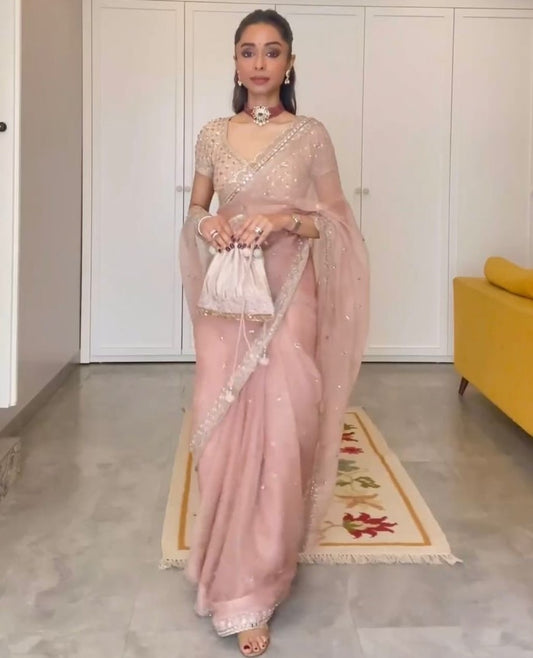 Baby pink organza designer wedding saree