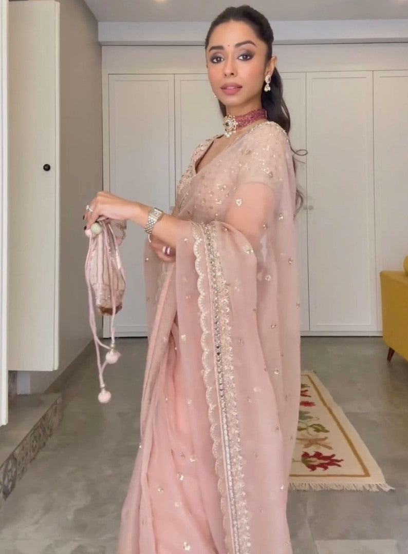 Baby pink organza designer wedding saree