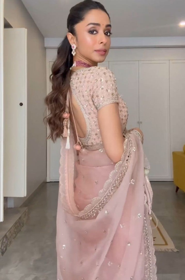 Baby pink organza designer wedding saree