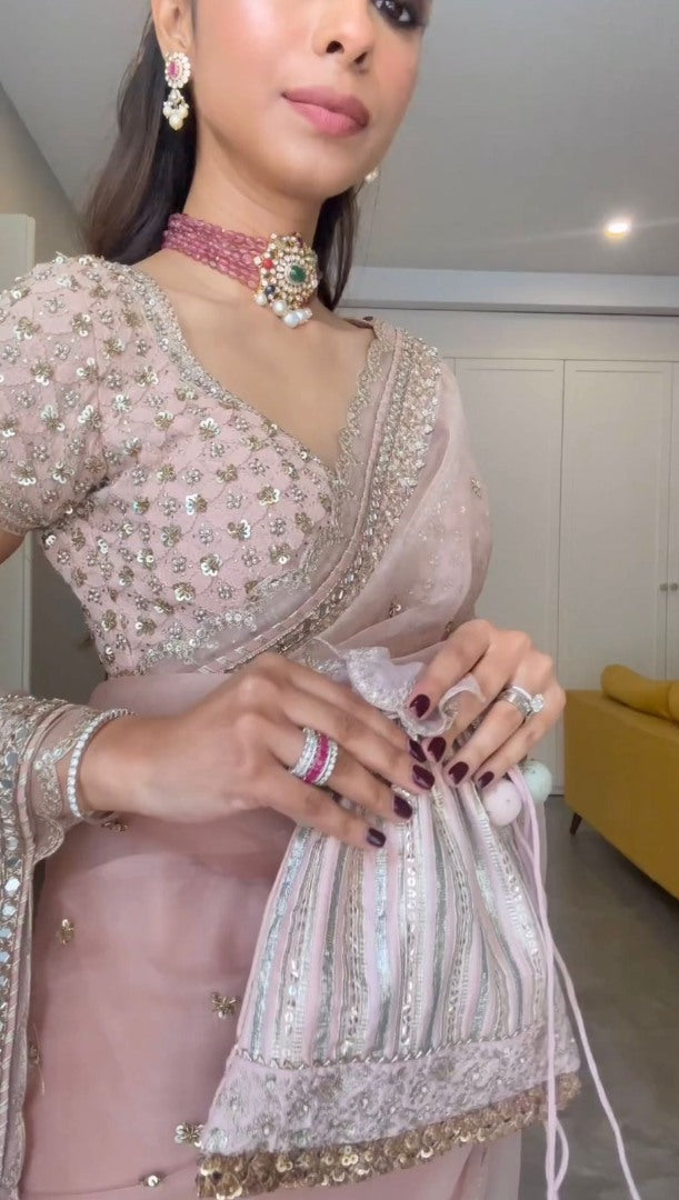 Baby pink organza designer wedding saree
