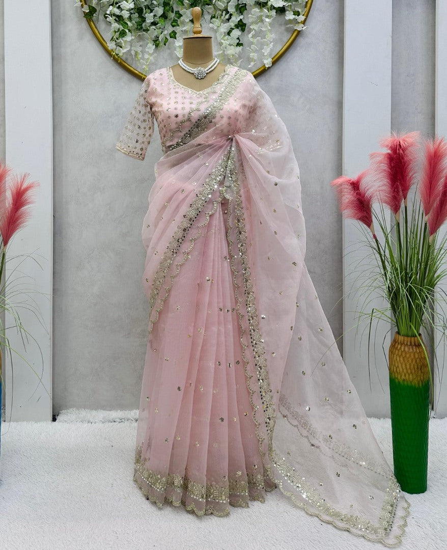 Baby pink organza designer wedding saree