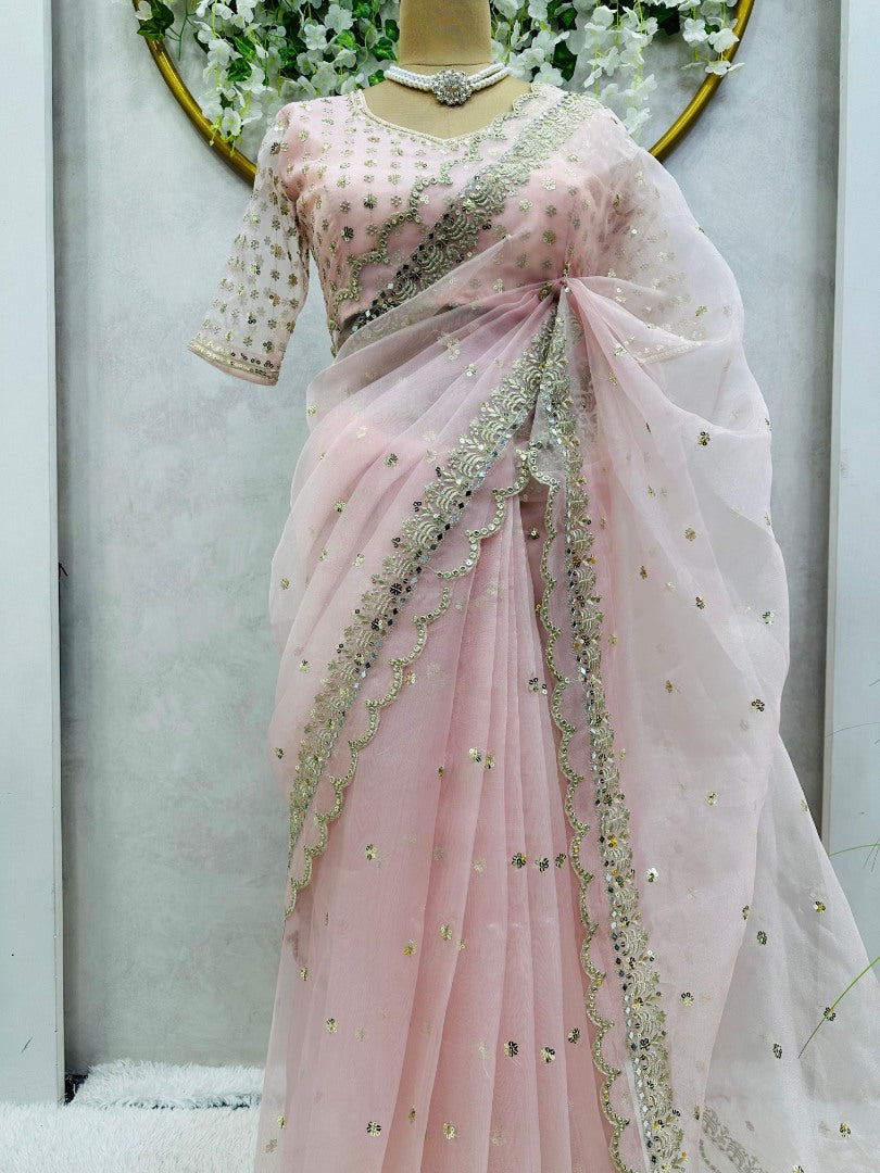 Baby pink organza designer wedding saree
