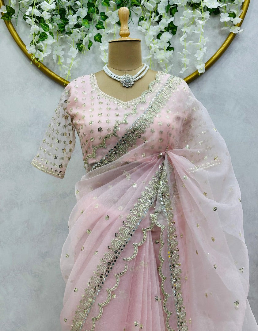 Baby pink organza designer wedding saree