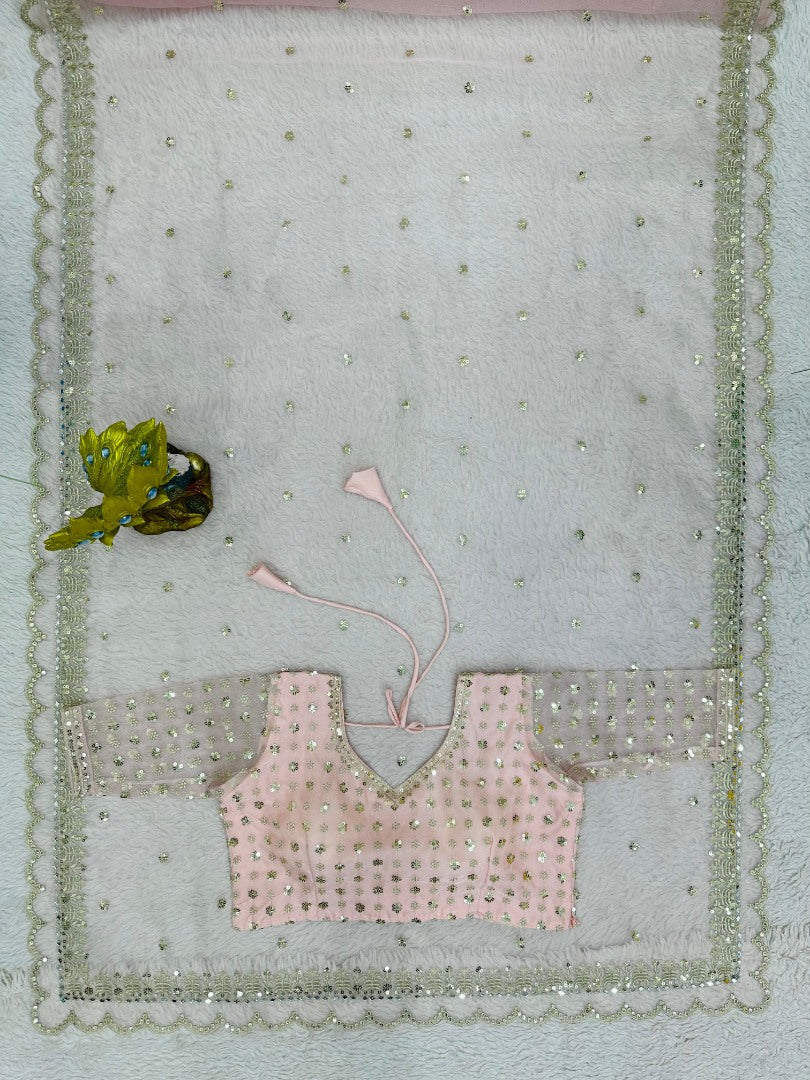 Baby pink organza designer wedding saree