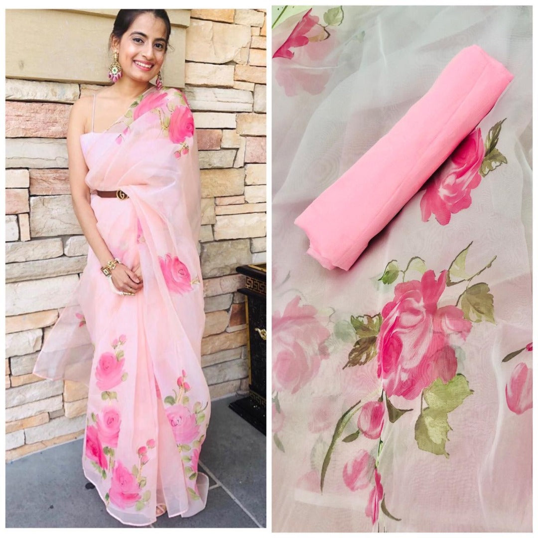 Baby pink organza digital floral printed saree