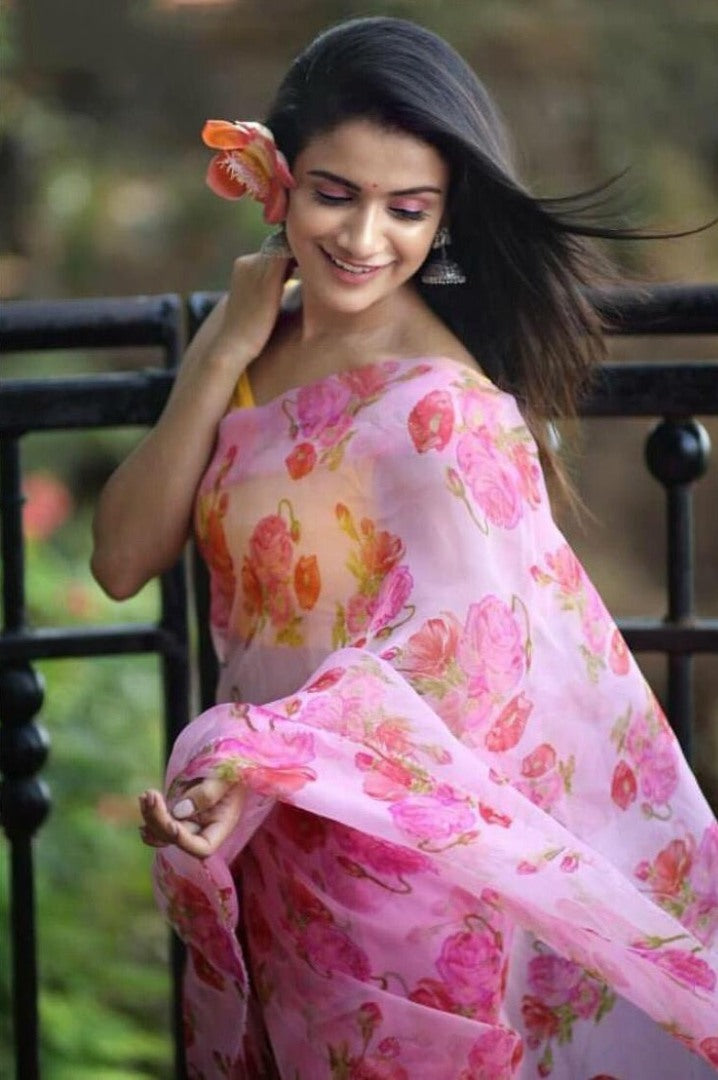 Baby pink organza floral printed saree