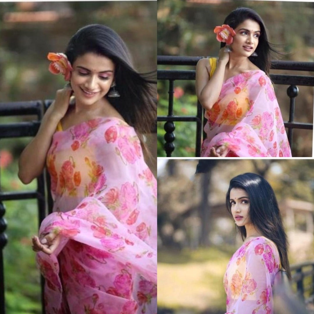 Baby pink organza floral printed saree