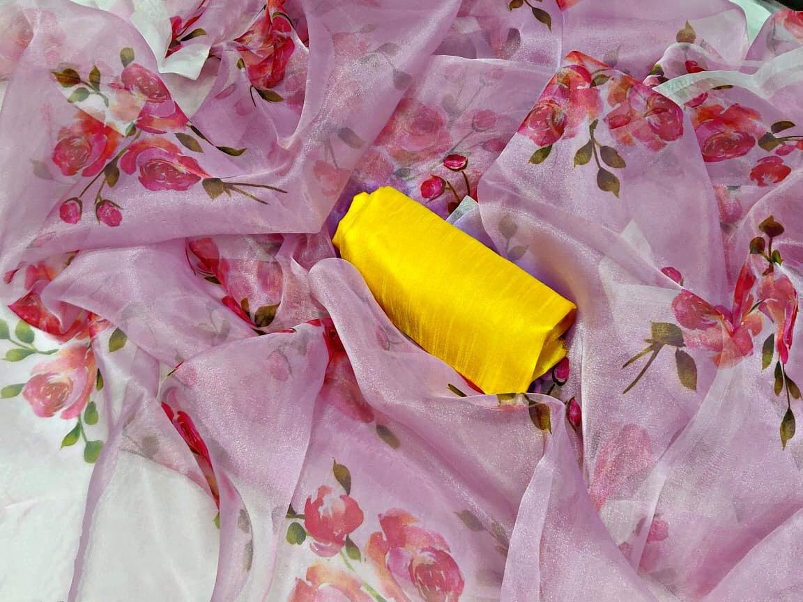 Baby pink organza floral printed saree