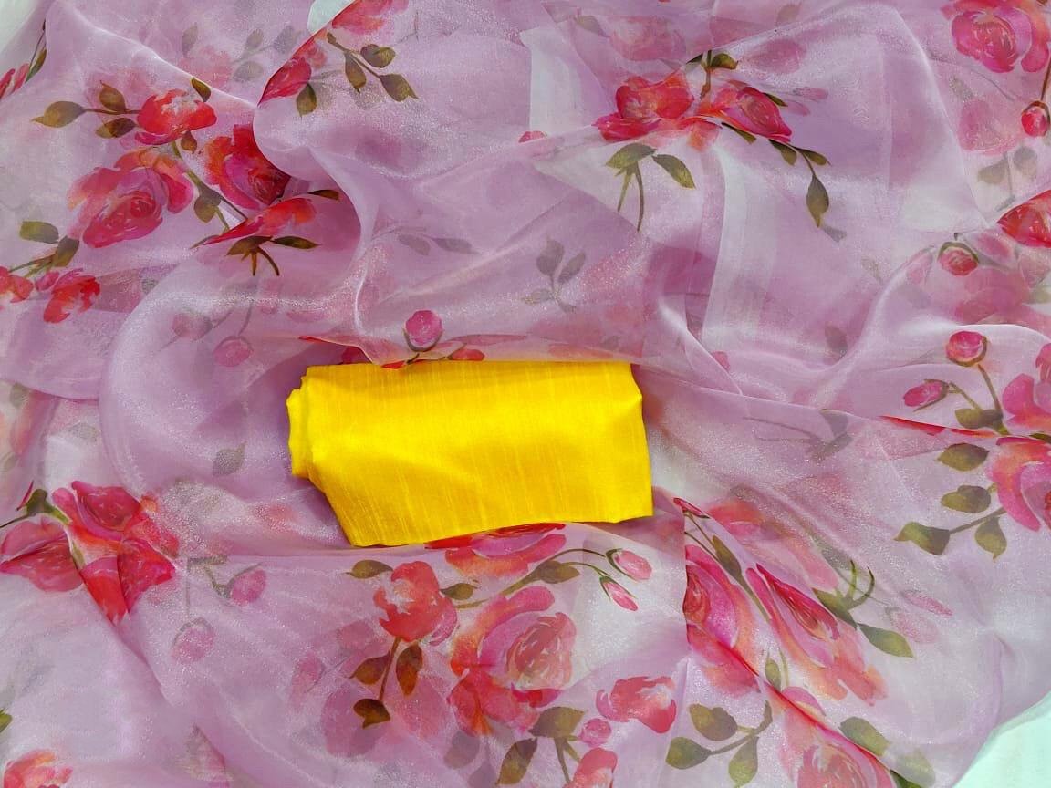 Baby pink organza floral printed saree