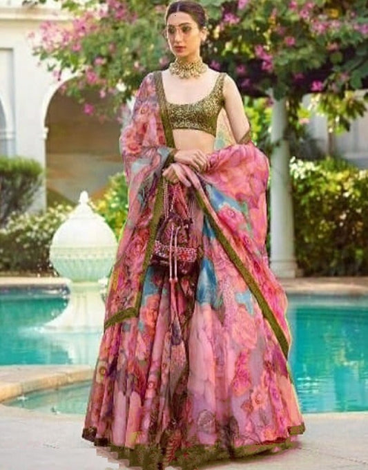 Baby pink organza flower printed lehenga choli