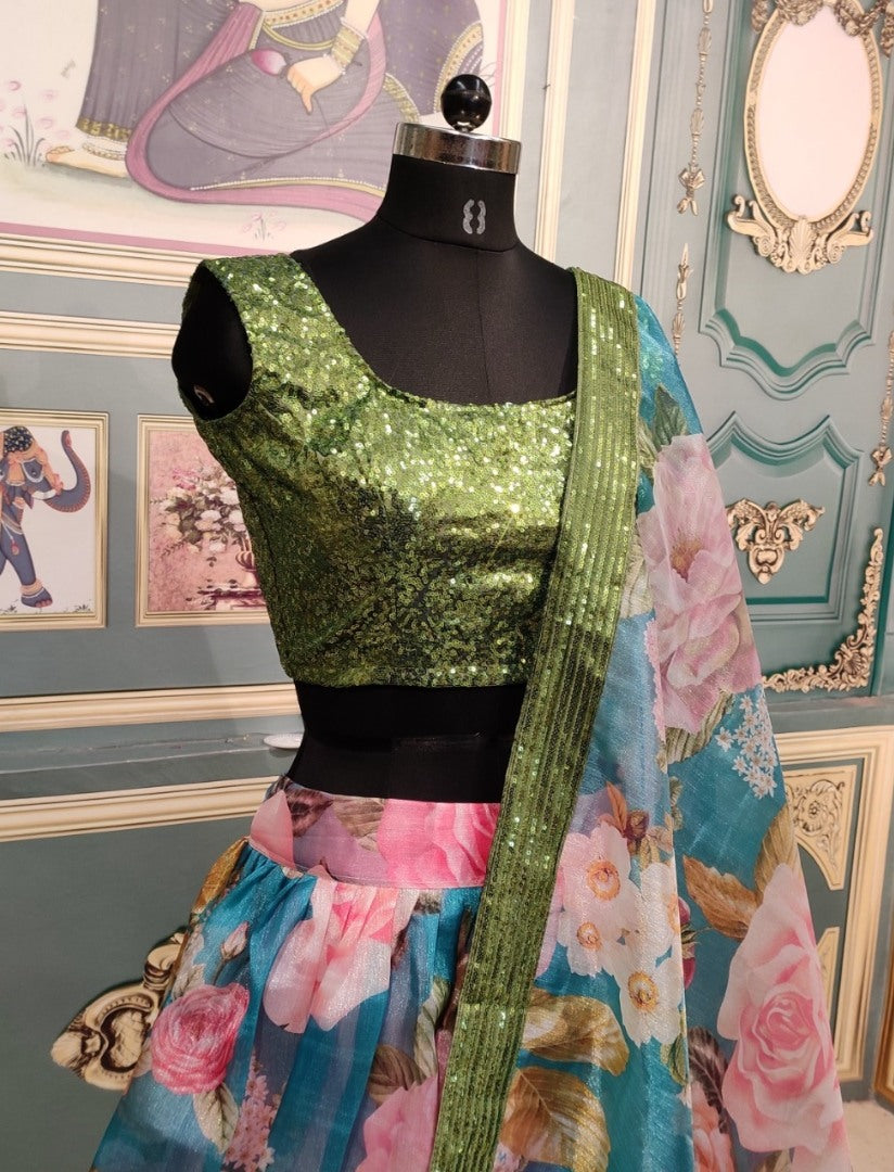 Baby pink organza flower printed lehenga choli