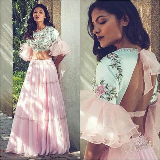 Baby pink organza net designer beautiful crop top lehenga