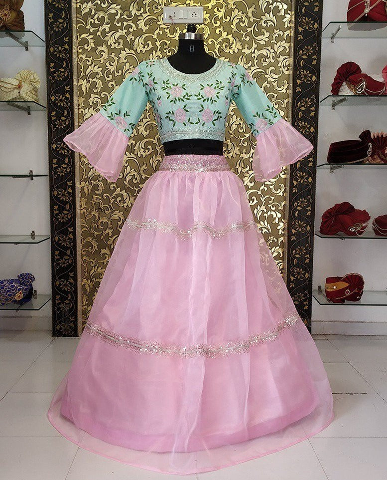 Baby pink organza net designer beautiful crop top lehenga