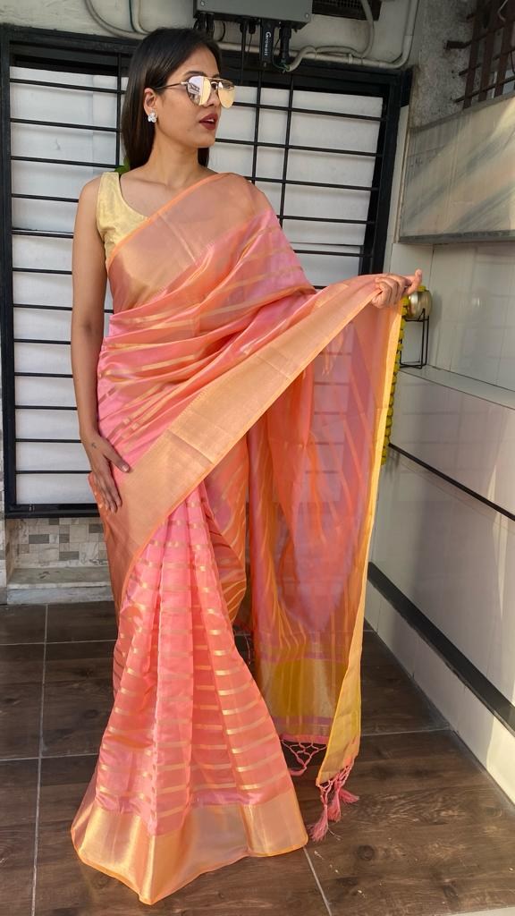 Baby pink organza saree