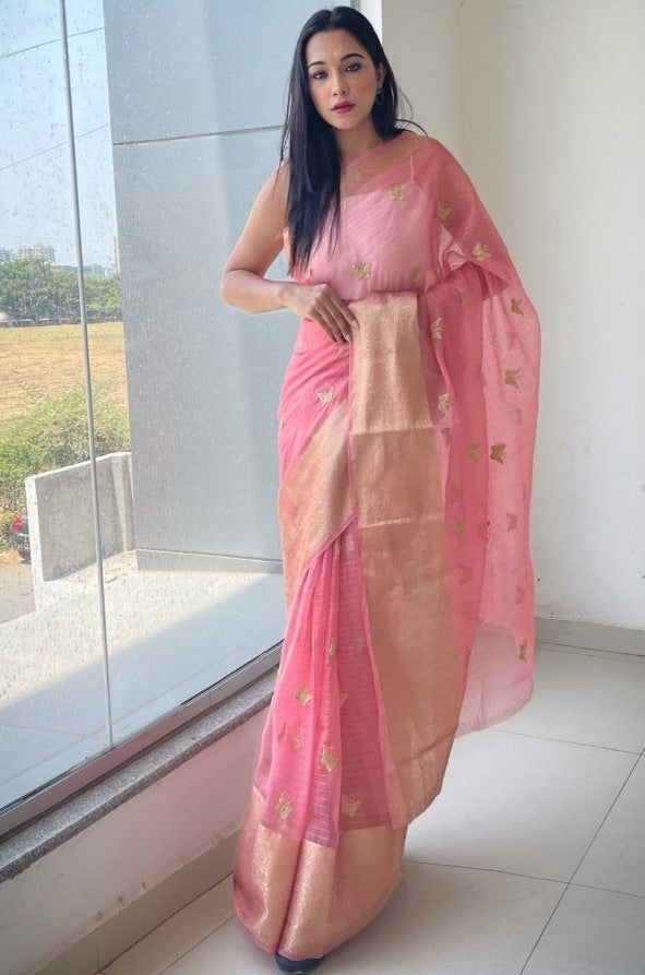 Baby pink organza sequence embroidered designer party wear saree