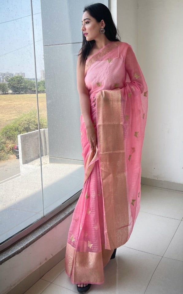 Baby pink organza sequence embroidered designer party wear saree