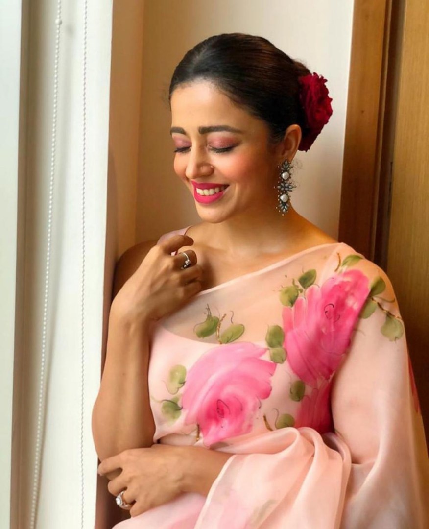 Baby pink organza silk floral printed saree