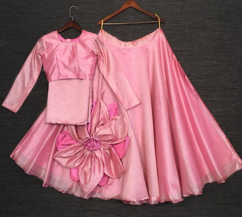 Baby pink rajwadi chanderi silk hand made flower lehenga choli