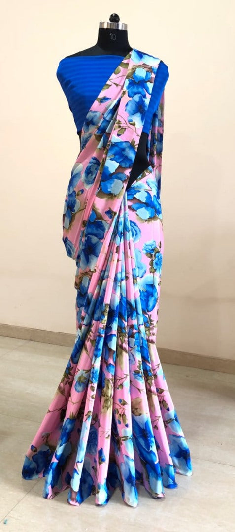 baby pink silk crape blue floral printed casual wear saree