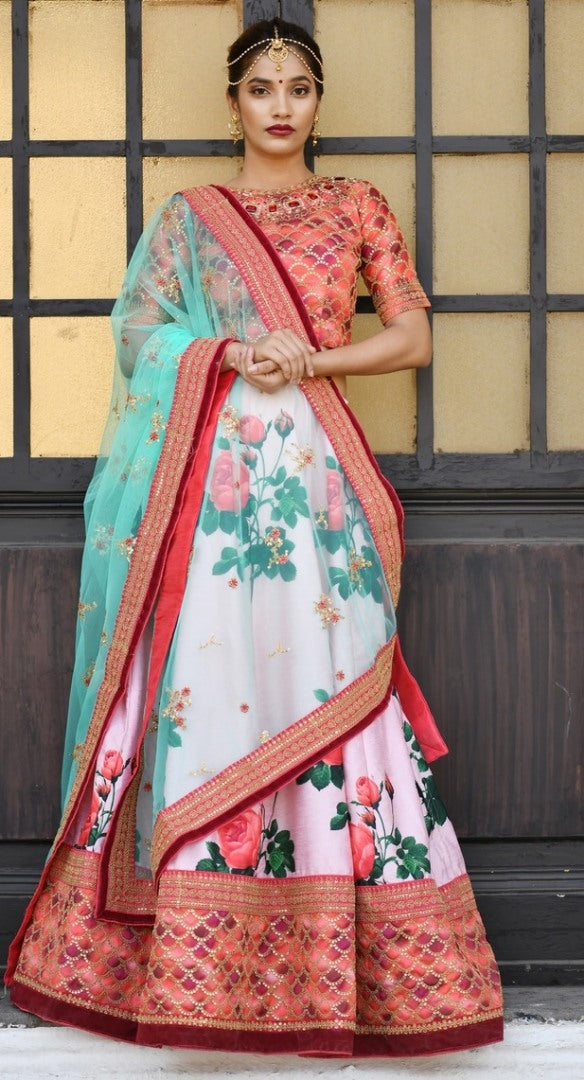 Baby pink silk designer sequence worked digital printed bridal lehenga choli