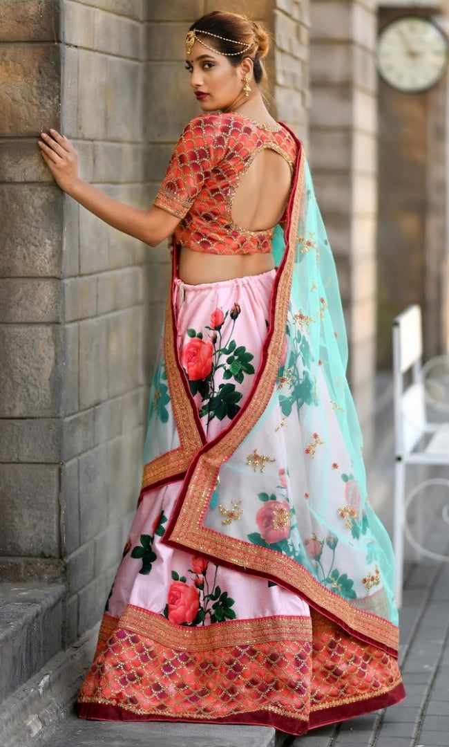Baby pink silk designer sequence worked digital printed bridal lehenga choli