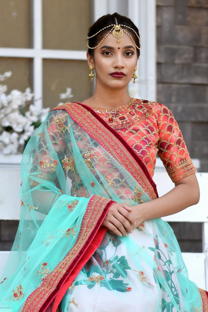 Baby pink silk designer sequence worked digital printed bridal lehenga choli