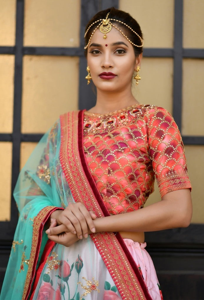 Baby pink silk designer sequence worked digital printed bridal lehenga choli