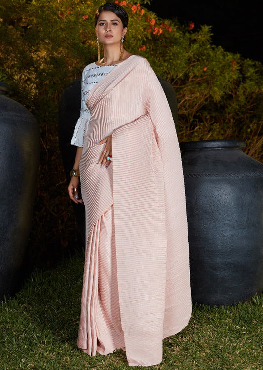 Baby pink silk platting work party wear designer saree